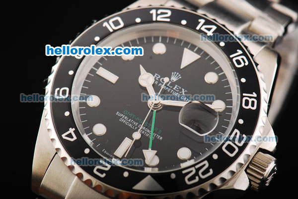 Rolex GMT-Master II Automatic Movement Full Silver Case/Strap with Black Dial and Bezel - Click Image to Close